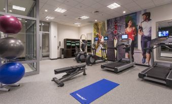 a well - equipped gym with various exercise equipment , including treadmills and weight machines , under a large mural of people working out at Residence Inn by Marriott Boston Needham