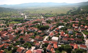 aerial view of a small town with red roofs and green fields in the background at Hotel Park