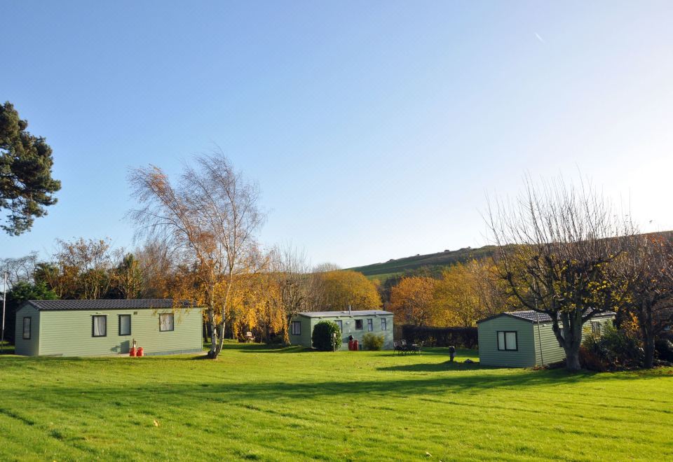 a grassy field with two small white buildings , one on the left and the other on the right , surrounded by trees and grass at Bridleways Guesthouse & Holiday Homes