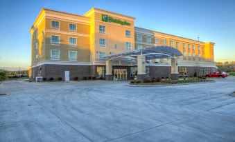 a large hotel building with a parking lot in front of it , surrounded by trees at Holiday Inn Richmond