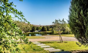 a serene landscape with a lake , grassy field , and trees , under a clear blue sky at De'Vine Escape