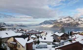 a snow - covered town with a large body of water in the background , creating a picturesque winter scene at Annex