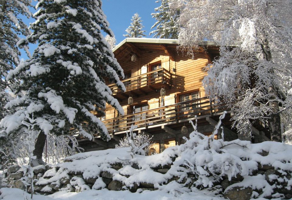 a wooden house surrounded by snow - covered trees , with a cabin in the background under a clear blue sky at The Guest House