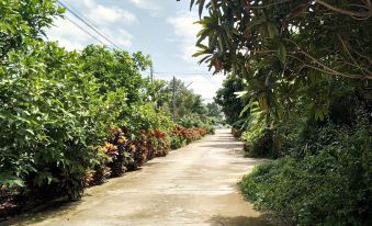 a dirt road surrounded by lush green trees , with flowers blooming along the roadside and a few cars parked along the road at Chanthaburi Garden Hotel