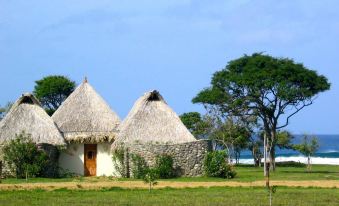 a small village with two thatched - roof houses surrounded by lush green grass and trees , situated near the ocean at Hotel Punta Teonoste