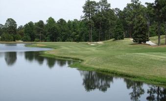 a serene golf course with a pond in the foreground , surrounded by green grass and trees at Magnolia Inn