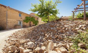 a large pile of rocks is seen in front of a house , with a tree nearby at La Tulipe