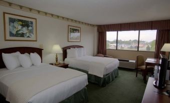 a hotel room with two beds , one on the left and one on the right side of the room at Riverview Inn