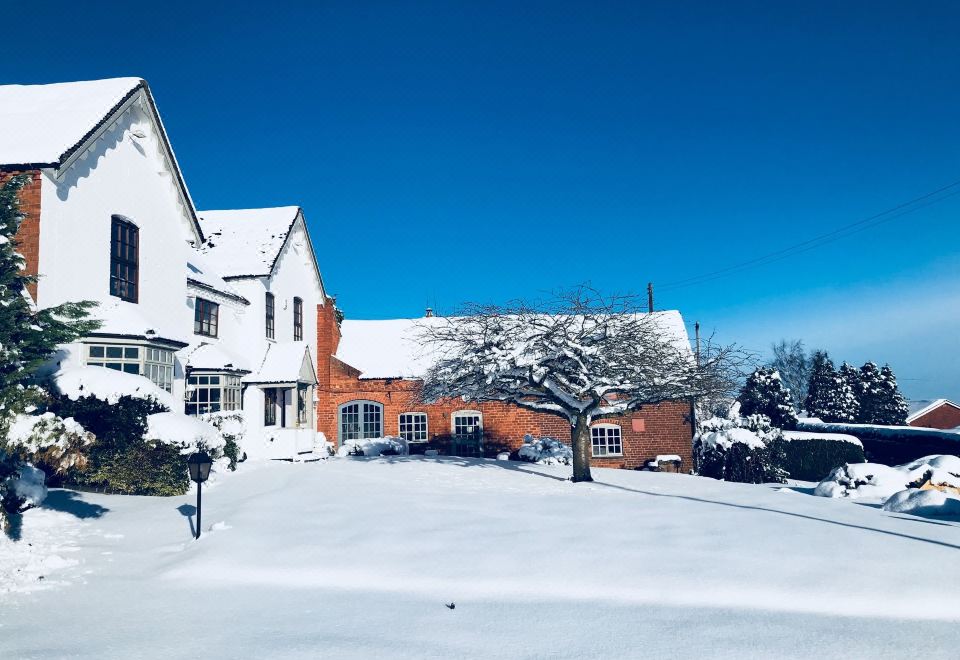 a snow - covered yard with a brick house and a tree , under a clear blue sky at The Rodney