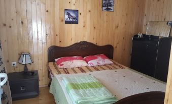 a bed with a wooden headboard and footboard is situated in a room with wooden walls at Villa Eli