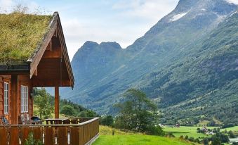 a wooden cabin with a thatched roof is situated on a grassy hillside overlooking a valley at Olden