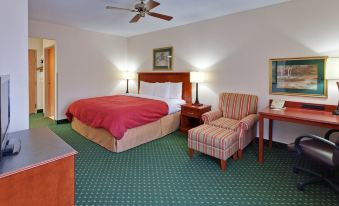 a hotel room with a large bed , a desk , a chair , and a tv . also a chair in the room at La Quinta Inn & Suites by Wyndham Knoxville North I-75