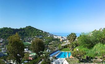 a panoramic view of a residential area with a swimming pool , lush greenery , and a clear blue sky at Hotel la Luna