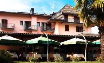 a pink building with green umbrellas and white tables outside , surrounded by palm trees and grass at Hotel Alpino