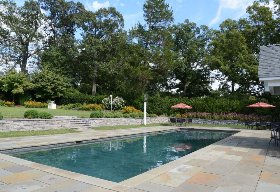 a large swimming pool surrounded by trees and a stone patio with chairs and an umbrella at Woodville Bed and Breakfast