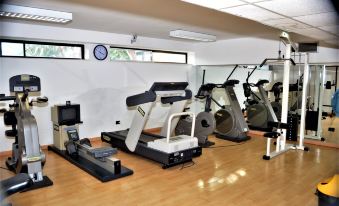 a well - equipped gym with various exercise equipment , including treadmills and stationary bikes , arranged in a spacious room at Park Hotel