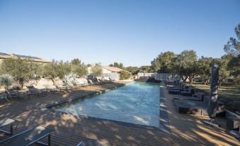 a large outdoor pool surrounded by lounge chairs and trees , providing a relaxing atmosphere for guests at Domaine la Pierre Blanche