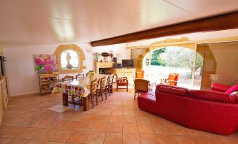 a large , open living room with a dining table and chairs , a couch , and a television at Cucuron