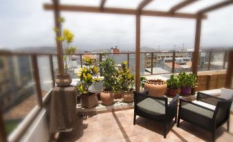 a cozy outdoor space with a view of the city , featuring a terrace with comfortable furniture and potted plants at Hotel Santa Maria