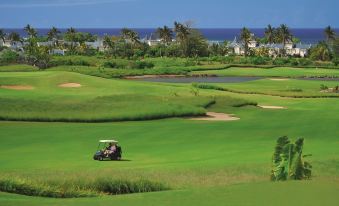 a golf course with a green field , sand traps , and palm trees , set against the backdrop of a blue sky and ocean at SO Sofitel Mauritius
