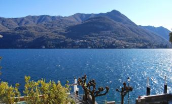 a serene view of a mountainous landscape with a clear blue lake and buildings in the distance at Hotel Orso Bruno