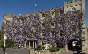 a large stone building with purple vines growing on its walls , creating a picturesque scene at Castle Hotel