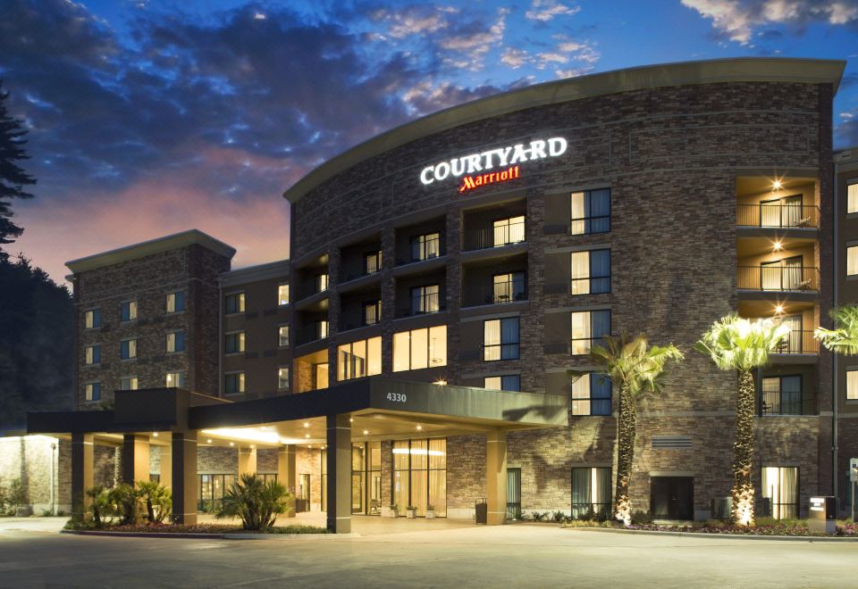 a courtyard by marriott hotel with its name displayed on the building , and palm trees in front of it at Courtyard Dallas Flower Mound