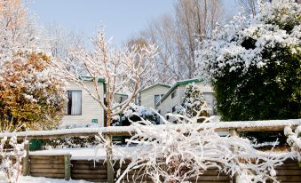 a snow - covered house surrounded by trees , with a car parked in front of it at Discovery Parks - Jindabyne