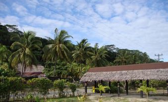 a tropical resort with thatched huts , surrounded by lush greenery and clear blue skies , possibly a tropical resort or vacation spot at Stevensons at Manase