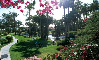 a lush green park with a pond surrounded by palm trees , flowers , and benches , creating a serene atmosphere at Hotel Riu Palace Oasis