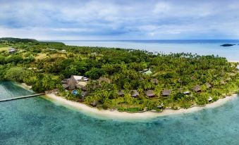 aerial view of a tropical island with lush green trees , white sand beach , and clear blue water at Jean-Michel Cousteau Resort Fiji