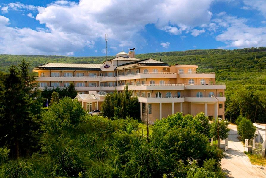 a large building surrounded by trees and grass , with a view of the mountains in the background at Park Hotel Bellevue