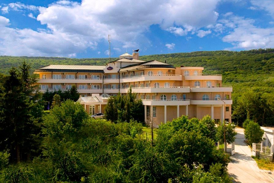 a large building with a red roof and white walls is surrounded by trees and bushes at Park Hotel Bellevue