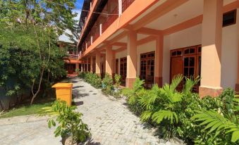 a brick building with orange balconies and green plants , surrounded by trees and a stone path at Hotel Elvin