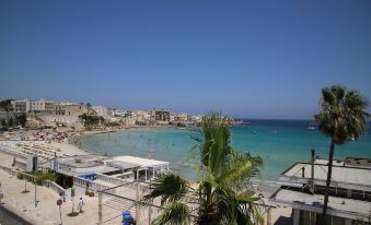 a beautiful beach with clear blue water and white sand , surrounded by buildings on both sides at Hotel Miramare