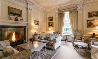a luxurious living room with a fireplace , couches , and chairs , creating a warm and inviting atmosphere at Eshott Hall