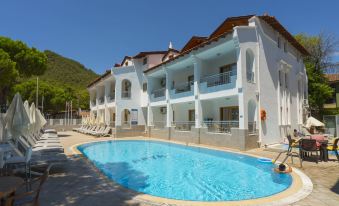 a large swimming pool is located in front of a white building with balconies and palm trees at Arya Otel