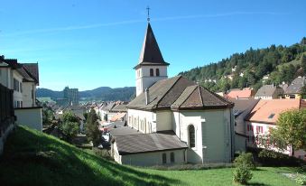 a white church with a tall steeple stands on a hillside , surrounded by green hills and trees at Fleur de LIS