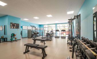 a well - equipped gym with various exercise equipment , including weight machines and benches , in a blue - walled room at Quality Hotel San Martino