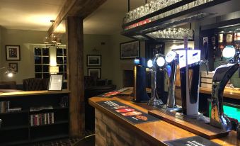 a bar with wooden counter , two beer taps , and bottles on top of shelves , along with books and a light fixture at Sturdys Castle