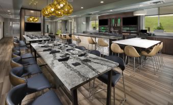 a dining area with a long table and chairs , surrounded by a kitchen and bar at Holiday Inn & Suites Arden - Asheville Airport