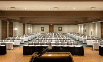 a large conference room with rows of chairs and tables , a microphone on the podium , and a painting on the wall at Lodge of Four Seasons Golf Resort, Marina & Spa