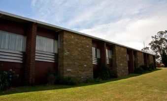 a row of brick buildings with windows and a grassy area in front of them at City View Motel