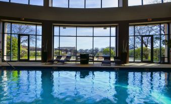 an indoor swimming pool with large windows , surrounded by lounge chairs and a patio area at Renaissance Chicago Glenview Suites Hotel