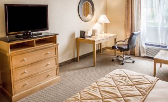 a hotel room with a bed , desk , chair , and tv . also a chair in the room at Hotel Veranda DuBois