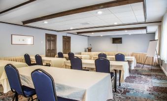 a conference room with several tables and chairs , a tv on the wall , and curtains at The Black Swan Lee - Lenox, Ascend Hotel Collection