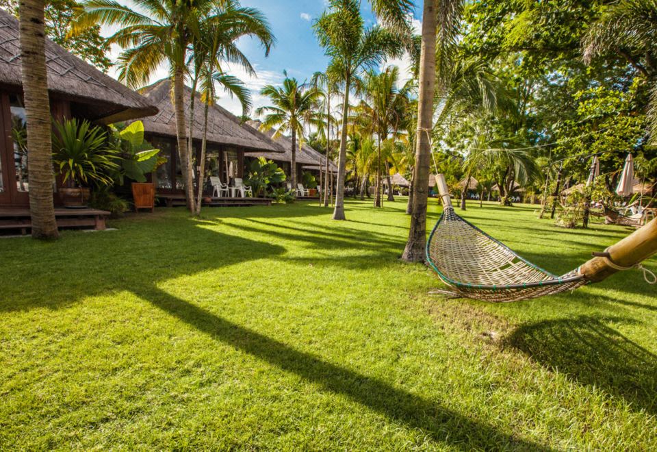 a hammock is hanging from a tree in a lush green lawn , surrounded by palm trees and grass at Mali Resort Pattaya Beach Koh Lipe