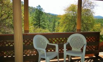 two white plastic chairs are placed on a wooden deck with a view of trees and mountains at Three Pines