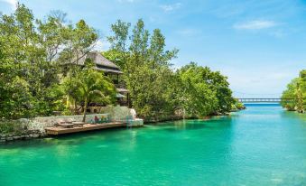 a beautiful tropical island with a white house , clear blue water , and lush green trees under a sunny sky at GoldenEye