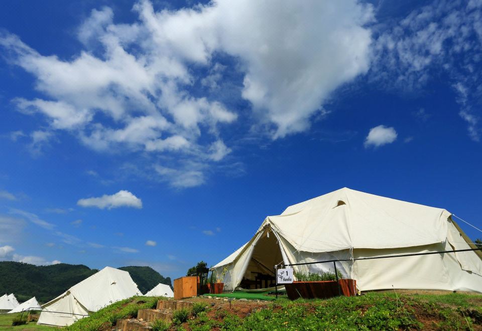 a group of tents set up in a grassy field , surrounded by mountains and a cloudy blue sky at Chiangkhan River Green Hill